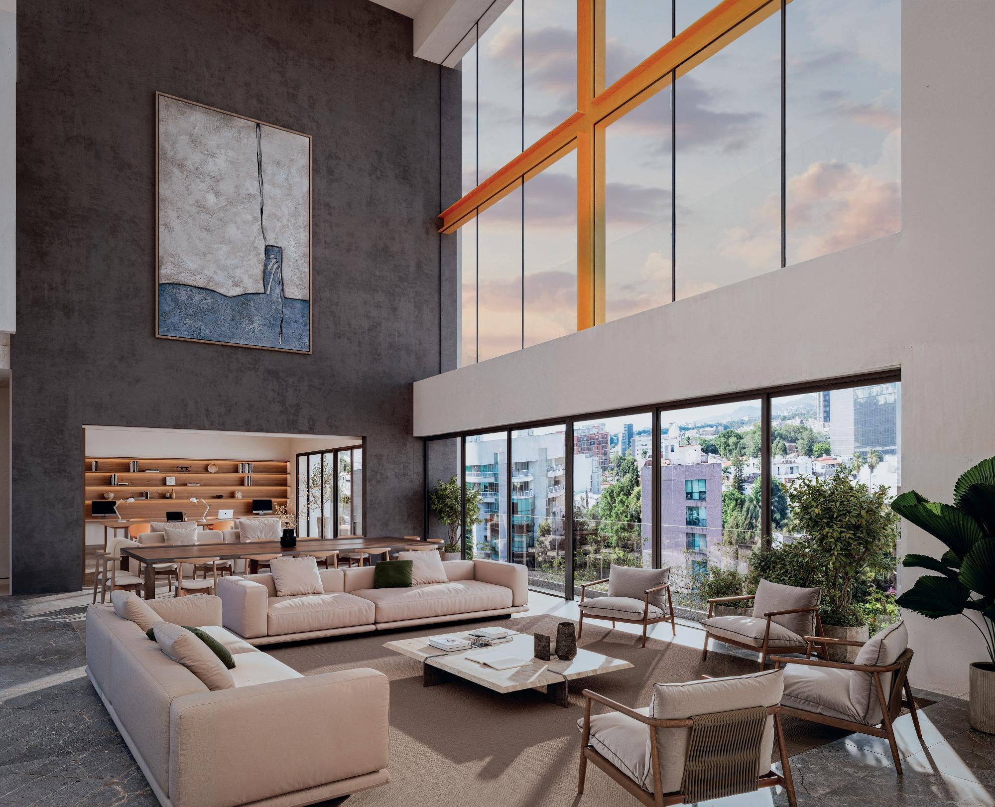 Render del área de coworking y salón de usos múltiples de Montevideo