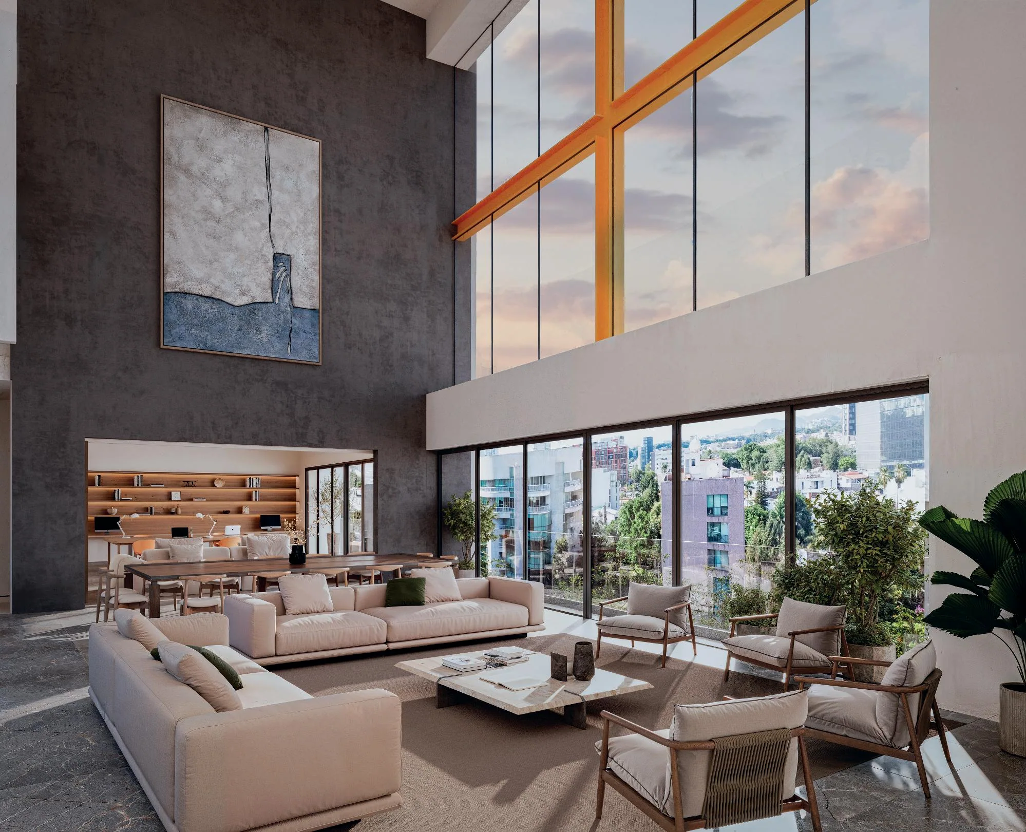 Render comercial de áreas de coworking y amenidades de Torre Montevideo