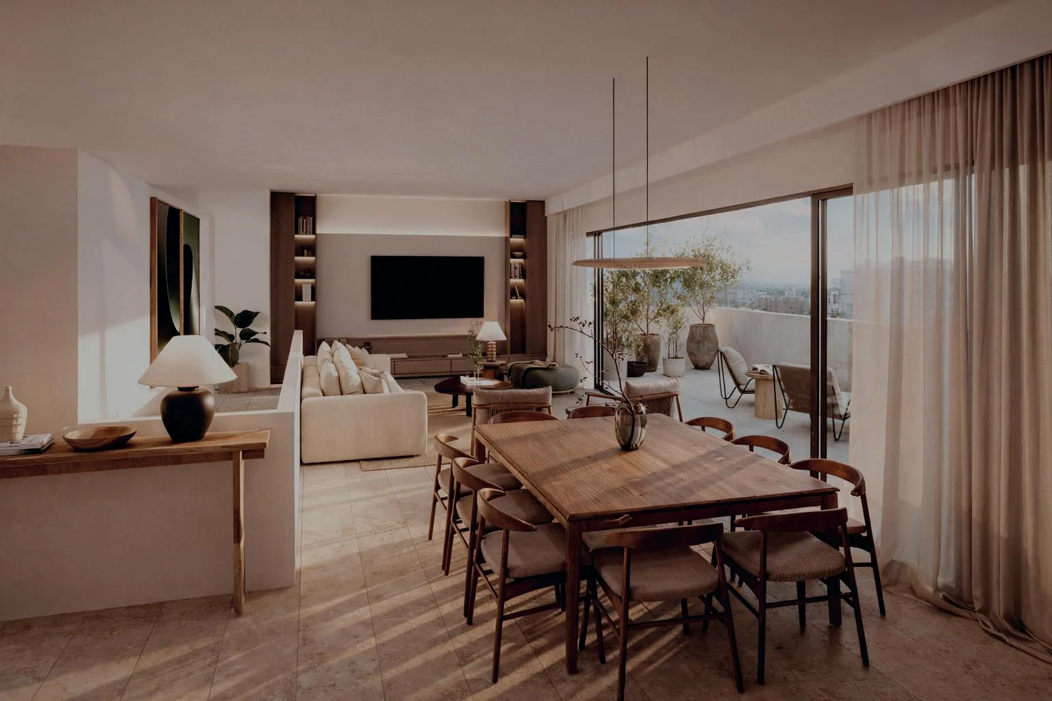 Perspectiva comercial de comedor y sala en Torre Montevideo