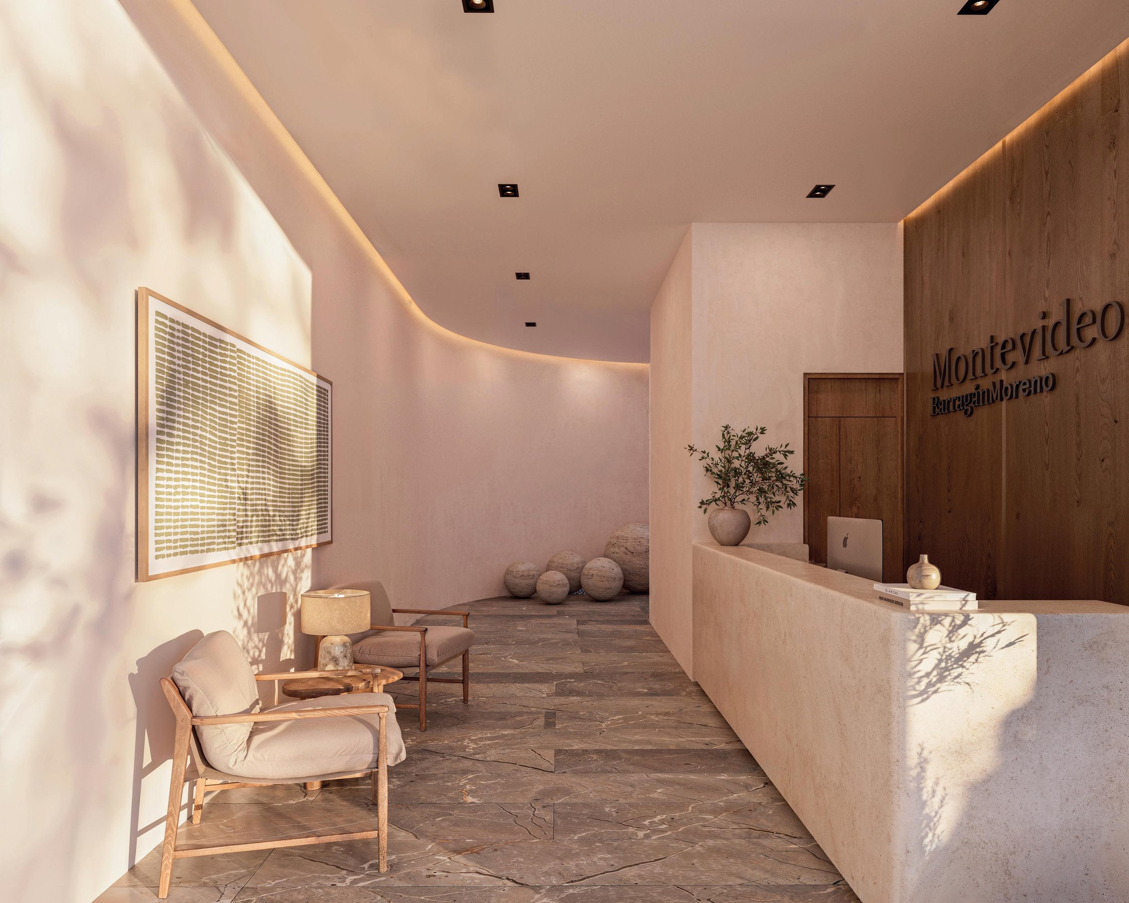 Render del lobby de Montevideo con recepción y acabados en tonos cálidos