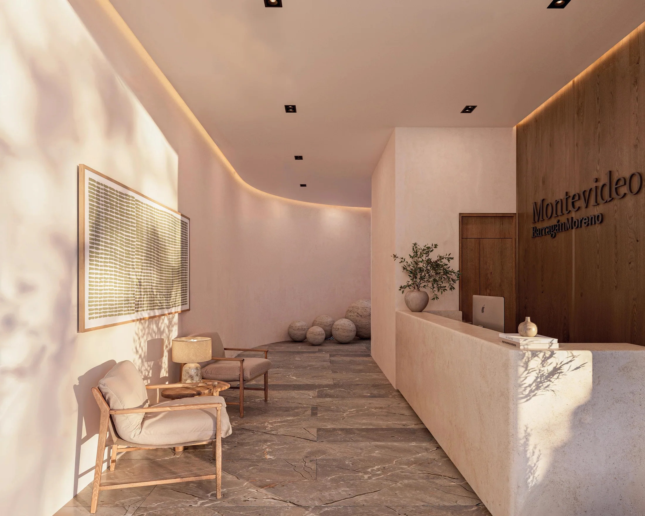 Render comercial de recepción y lobby de Torre Montevideo
